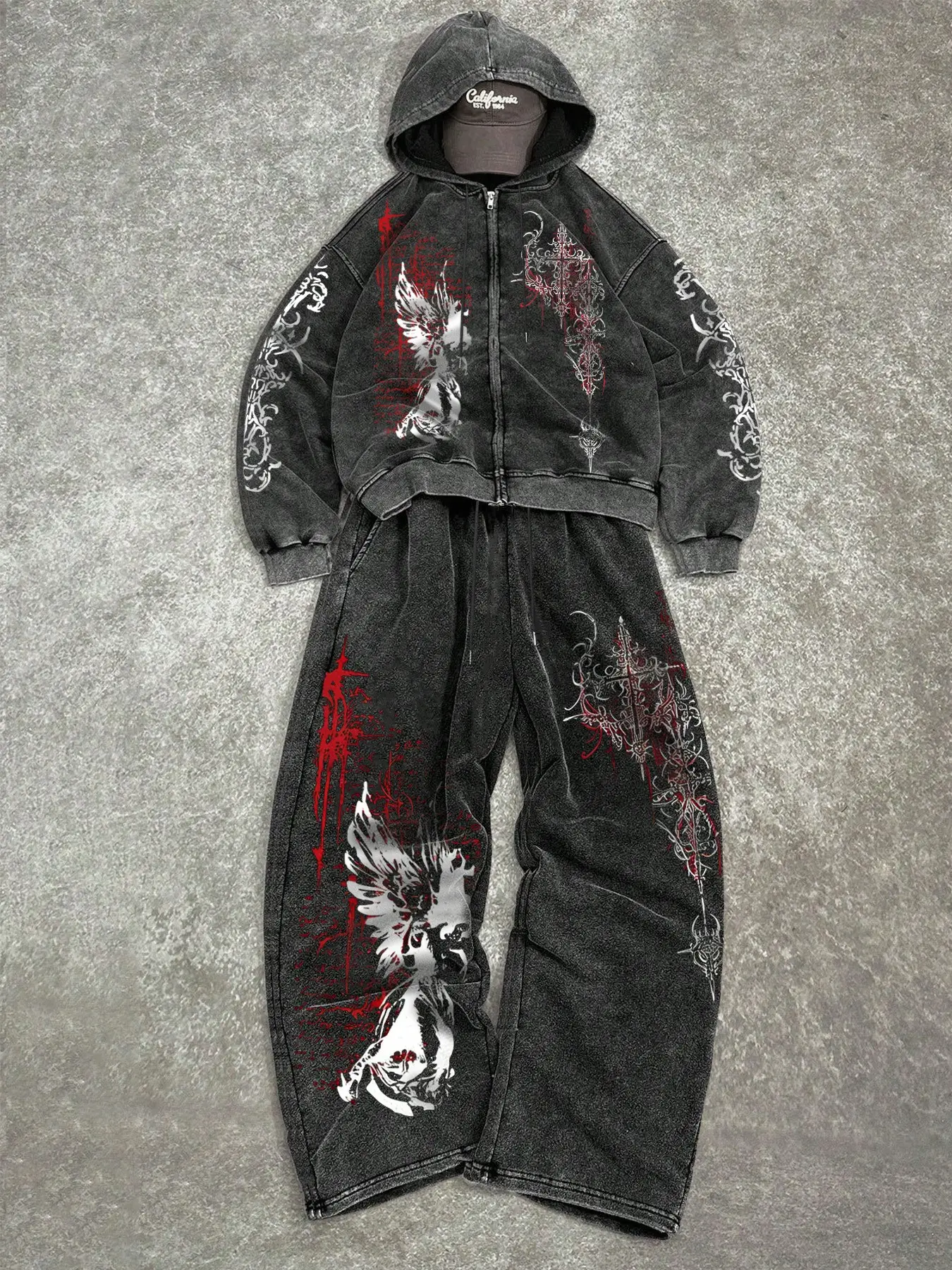 Men's Gothic Angel Cross Denim Set, Loose Zip Hoodie + Wide Leg Jeans, Silver Angel Print, Graphic, Vintage Design, Streetwear, Concert, City Night Out