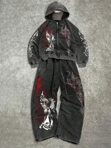 Men's Gothic Angel Cross Denim Set, Loose Zip Hoodie + Wide Leg Jeans, Silver Angel Print, Graphic, Vintage Design, Streetwear, Concert, City Night Out