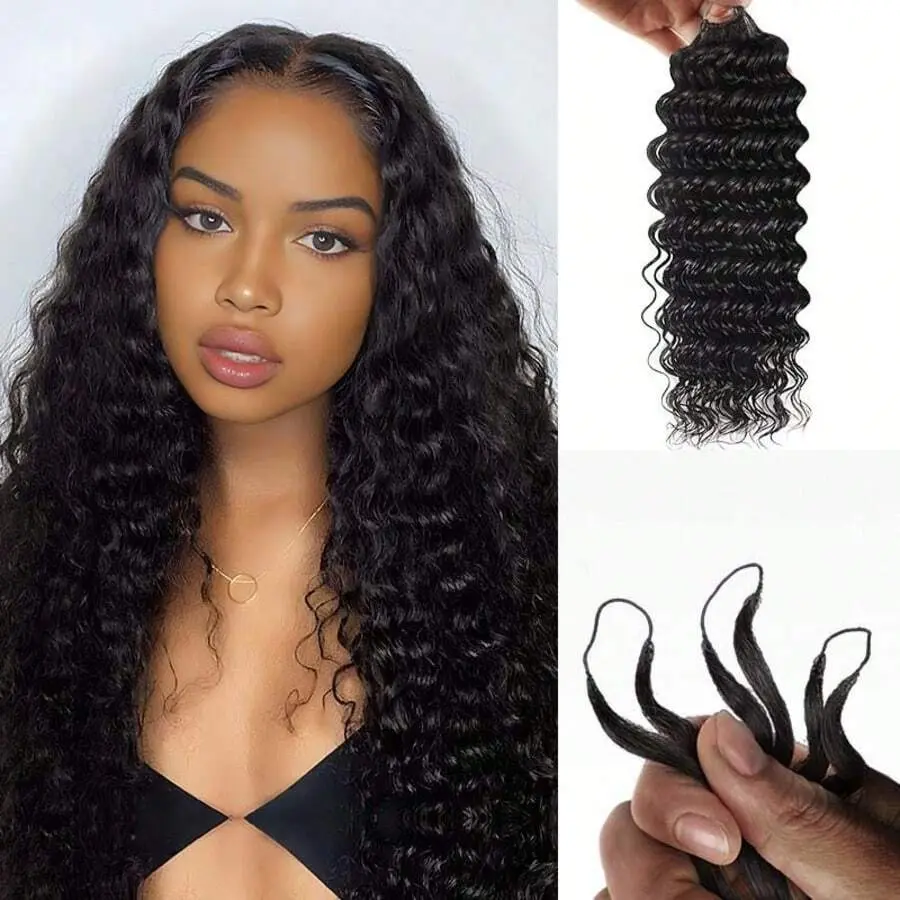 Bling Hair Natural Color Deep Wave Feather Crochet Human Hair For Women Lightweight Knotless Feather Extension Pre-Separated Invisible Miracle Knots Hair Extensions, Wet And Wavy Lightweight Reusable Human Crochet Bundles
