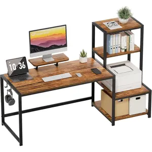 Computer Desk 58 inch with Printer Shelf, Reversible Office Desk with Monitor Stand and 2 Hooks, Home Workstation for Study Writing Working Gaming, Brown