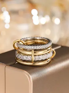 4pcs Glamorous Personalized Cubic Zirconia Multi-Layer Adjustable Copper Alloy Colorful Stackable Rings, Stylish Jewelry for Women & Girls