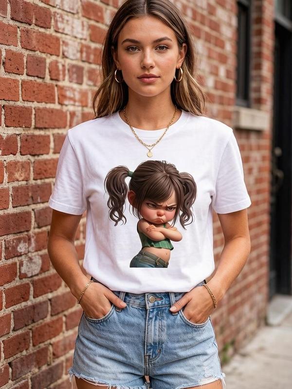 Women's Casual Soft Cotton Crew Neck Fitted Cropped Short Sleeve H-Type Lightweight T-Shirt - Cute Grumpy Cartoon Girl Heat Transfer Graphic, Viral TikTok Sassy Print, Valentine's Day Wear, Machine Washable, No Dry Clean, Soft Detergent Use