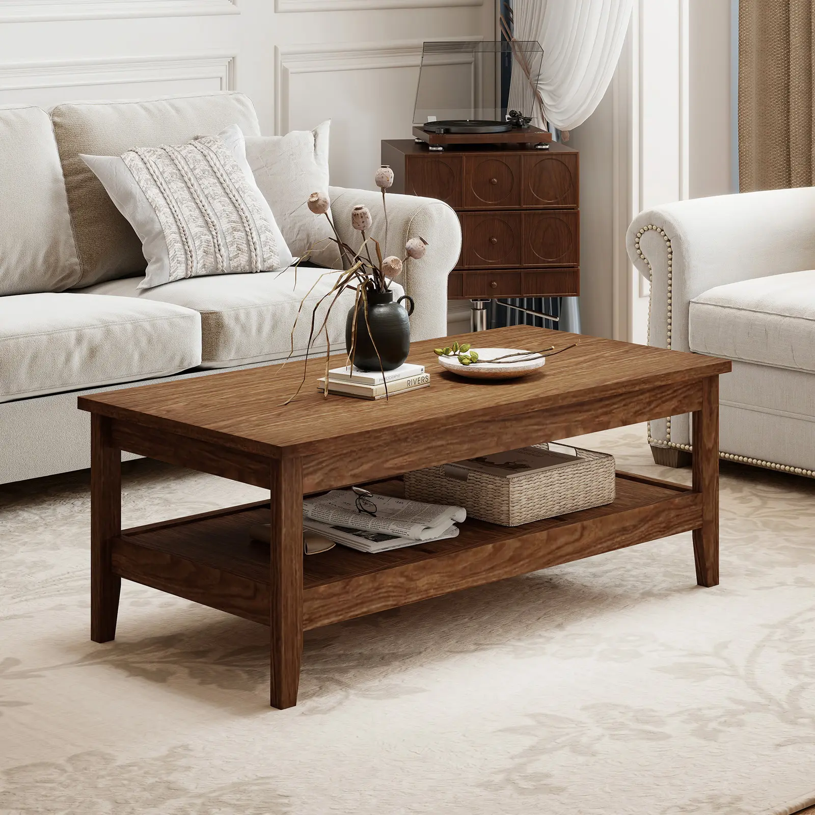 COSTWAY - Farmhouse Coffee Table Rustic Cocktail Center Table with Thickened Tabletop-Walnue