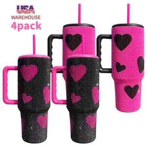 4/8/12 Pack USA Warehouse Hot Pink Black 40oz Sweet Heart Print Bling Rhinestone Tumblers Drinkware Flasks