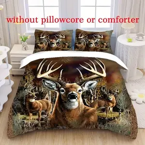 Soft Comfortable Breathable Bedding Set, Deer Dream Hunter Sheet Set (1 Fitted + 2 Pillowcases), Ideal for Bedroom and Dormitory