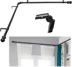 Corner Curtain Rod for Windows 30 to 136 Inches, L-shaped Curved Heavy Duty Corner Window Curtain Rods, Adjustable Renter Friendly 1 Inch Black Drapery Rods for Bedroom Living Room