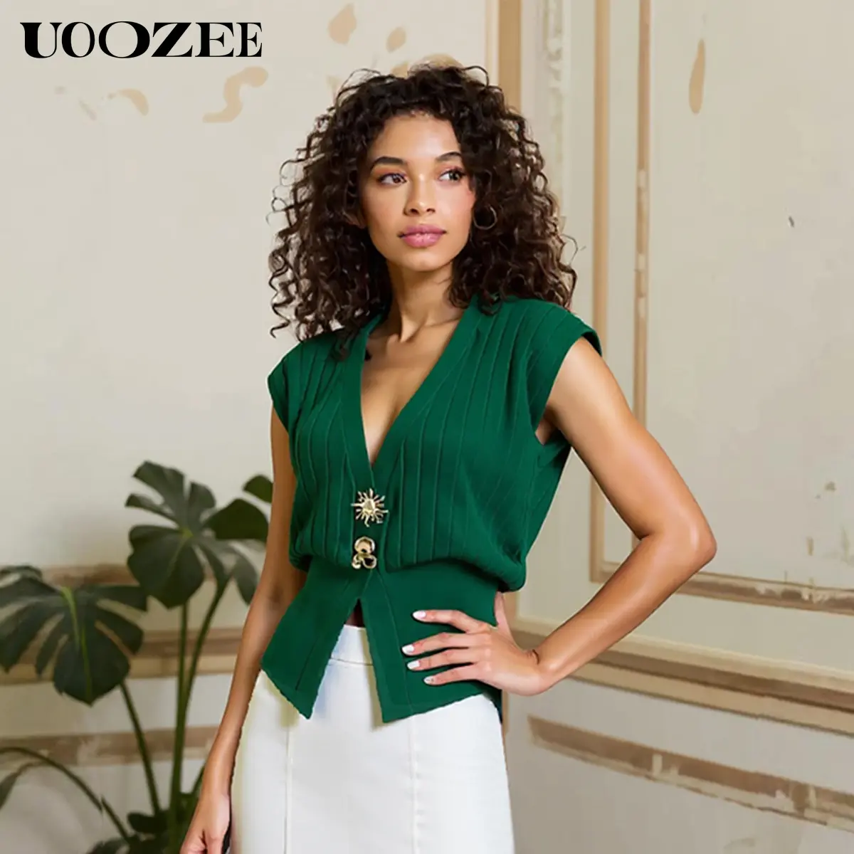 UOOZEE Women's Dark Green Casual Rib-Knit Sweater Vest - 44% Viscose-Nylon Blend, High-Stretch Slim Fit Deep V-Neck Sleeveless Short Top, Detachable & Fixed Gold Texture Metal Decorative Bar, Cozy