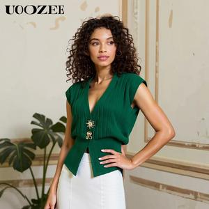 UOOZEE Women's 2025 New Dark Green V-Neck Sleeveless Nylon Knitted Vest - Slim Fit, High-Stretch, Loose Vertical Stripes, Detachable & Fixed Gold Decorations, Casual Tops for Women's Clothes