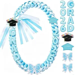 Graduation Leis Class of 2026 Preschool Graduation Gift 47 inches Ribbon Double Braided Necklace with Graduation Cap 2026 GRAD Patches Handmade Leis for School Students Teachers Boys Girls Graduation Ceremony Supplies
