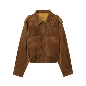 Rae Vegan Leather Cropped Jacket - Brown Suede Style with Padded Shoulders and Front Pockets