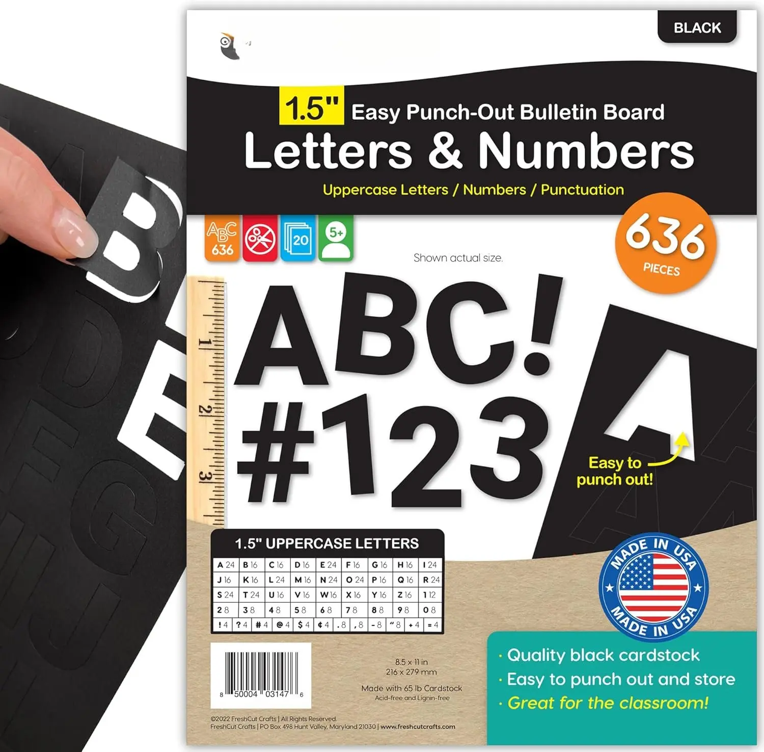 636 count 1.5 in. Black Bulletin Board Letters & Numbers, Capital Alphabet Letters, Numbers, Punctuation,  Made Card Stock Punch Out Letters for Posters, Bulletin Boards, Classroom