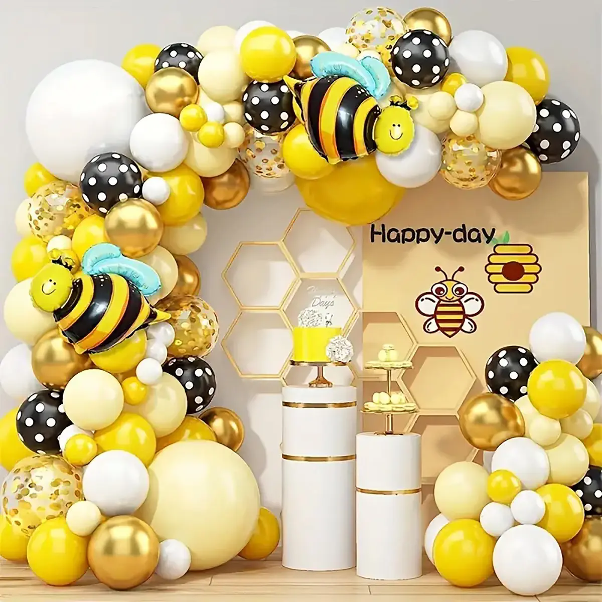 111-Piece Bee Theme Yellow-Gold-Black Latex Balloons Garland Arch Kit with Patchwork Design, Festive Party Supplies for First Birthday Room Decor, Indoor Outdoor Home Background Decorations, Includes Tool