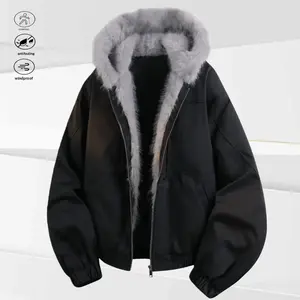 Men's Fitted Long-Sleeve Hooded Coat - Fleece-Trimmed Brim & Neckline, Zipper Closure, Plain Casual Elegant Design, Pull-On Style, Gray Jacket, Suitable for Daily Outings & Shopping, Father's Day Gift