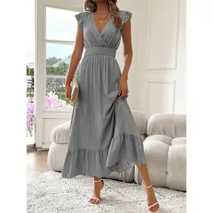 Women Summer V Neck Ruffle Sleeve Midi Dress Solid Color Smocked Waist Ruffle Hem Flowy Vacation Sundress
