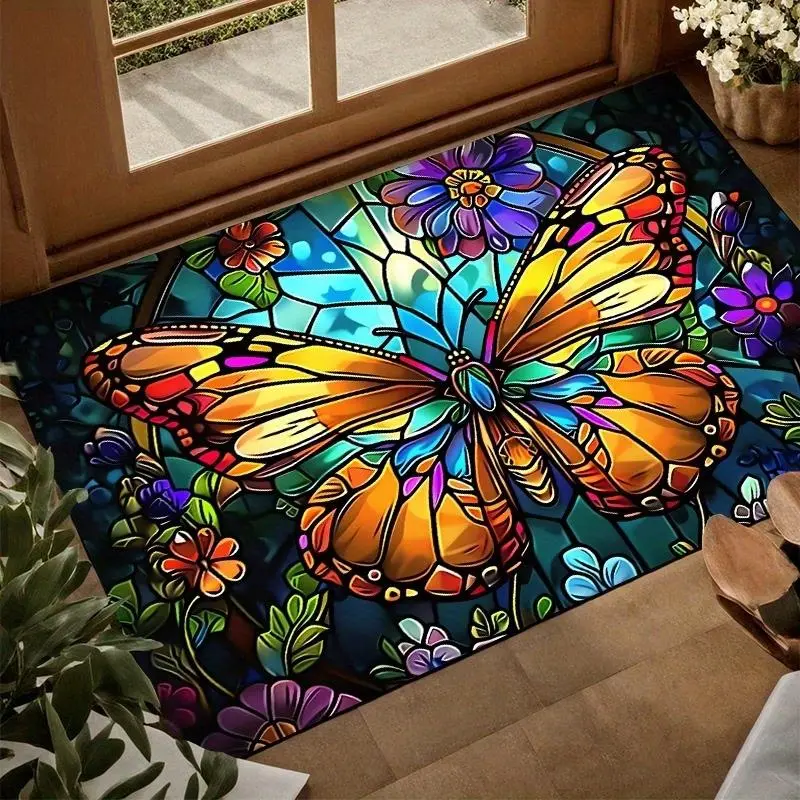 2D Flat Pattern Vibrant Butterfly Welcome Mat – Stained Glass Art Design, Perfect for Doorways, Bathrooms and Kitchens. Non-slip & Water Absorbent, Home & Garden Decoration, Indoor Welcome Mat.