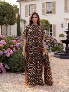 Women's Elegant Chic Geometric Print Robe Set, Fitted Long Dress & Headscarf Scarf, Beach Sun Protection Satin Silk Shawl