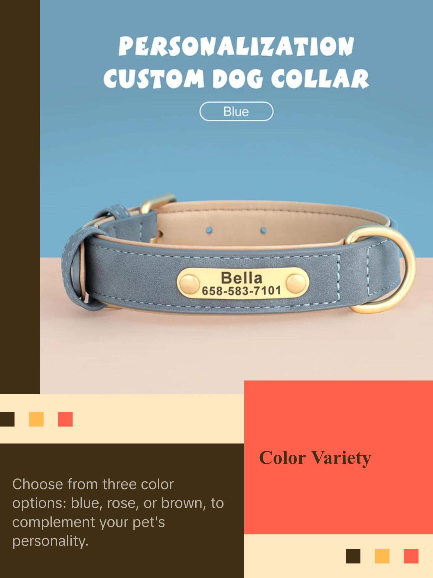 New Soft Padded Personalized PU Leather Dog Collar with Free Engraved ID Tag for Small, Medium and Large Dogs - Ideal for Pugs a