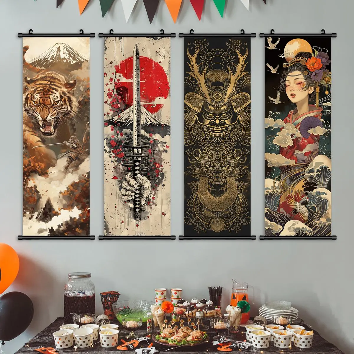 Japanese Style Hanging Wall Art Poster, Wall Prints, 4 Counts/set Vertical Scroll Painting Banner, Wall Art Decor for Home Living Room Bedroom, Modern Art Design