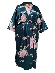 Plus Size Women's Smooth Satin Silky 3/4 Sleeves Japanese Kimono Long Sleep Robe Crane Floral Printed
