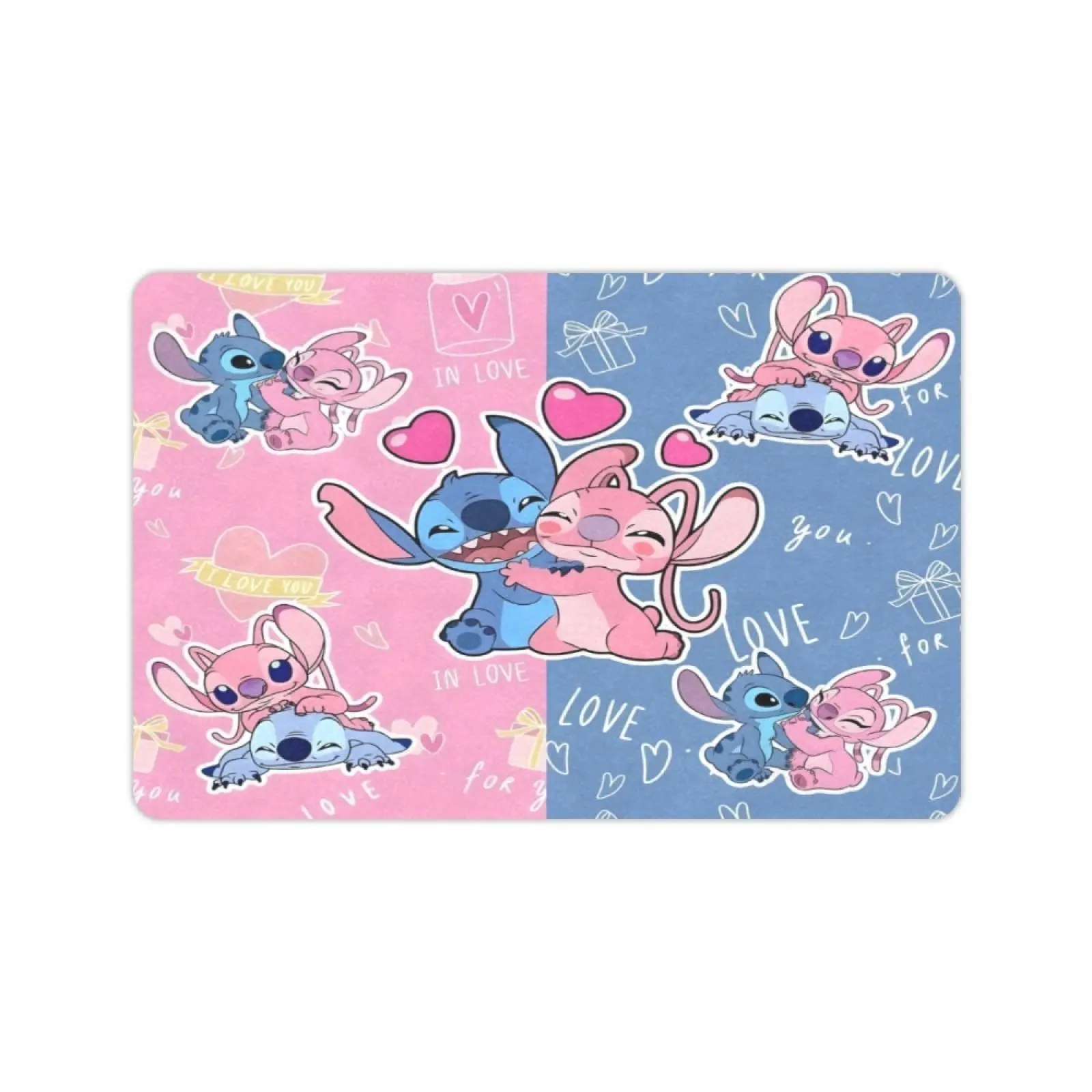 DISNEY CLASSIC Stitch & Angel Love Heart Mat, Non Slip Low Profile Floor Rug, Cute Cartoon Anime Indoor Outdoor Entrance Mat For Home Bedroom Decor