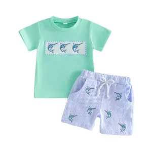 Toddler Baby Boys Summer Shorts Sets Short Sleeve Fish Embroidery Tops and Striped Shorts 6M-4Y