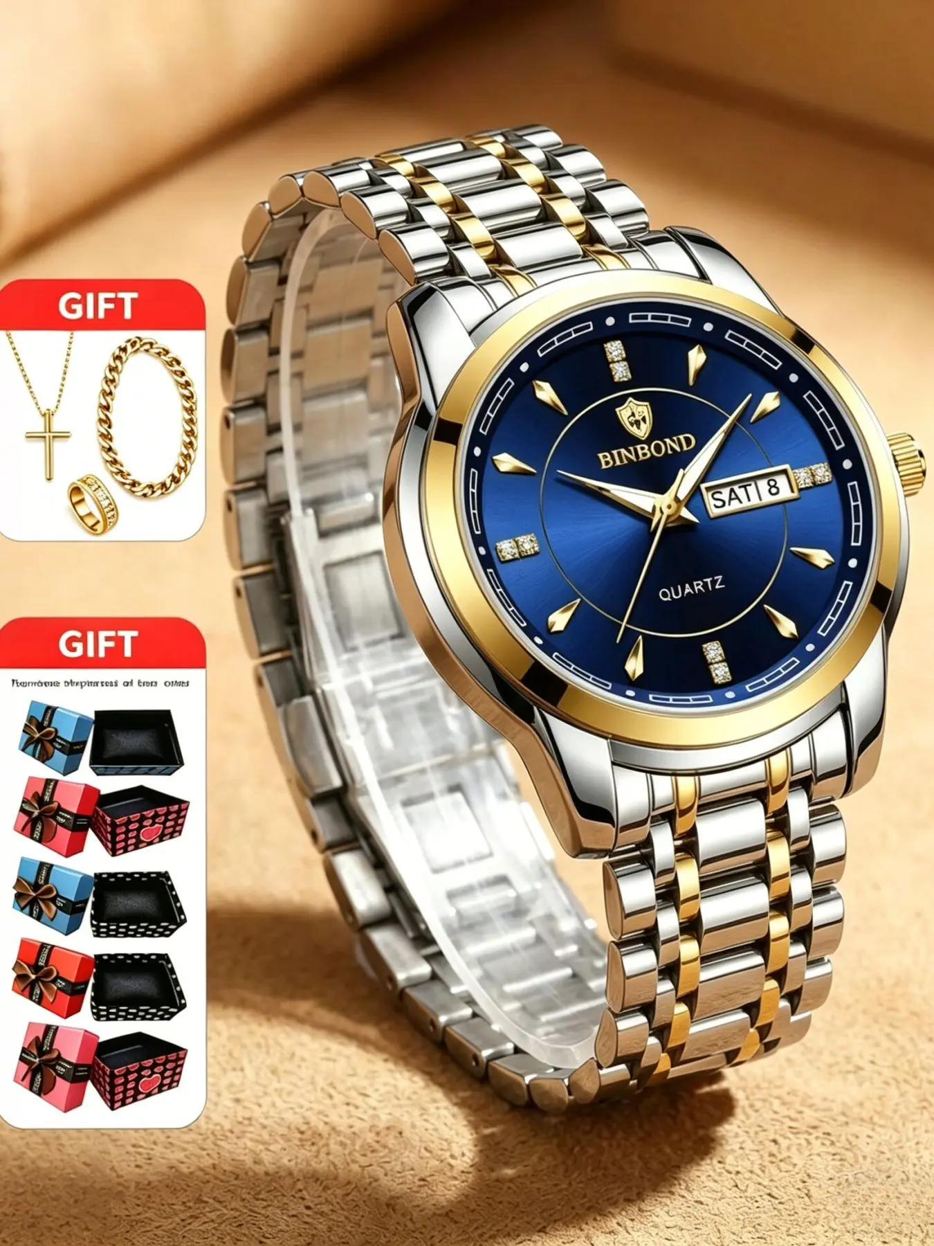 4-piece Christmas Exclusive Gift Box Premium Fashion Leisure Business Quartz Movement Watch Jewelry Set Accessory Set