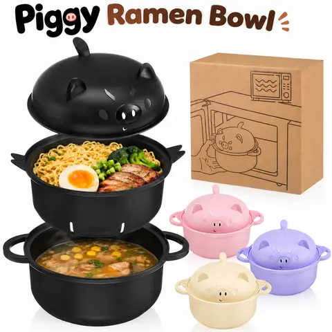 ONESHOW HOME Ramen Microwave Bowl - 43oz (1300ml) Plain Pig Ramen Cooker Tableware Set with Strainer Lid, Handle, Spoon, Fork, Chopsticks, Pasta Bowl for Dorm, Office Use
