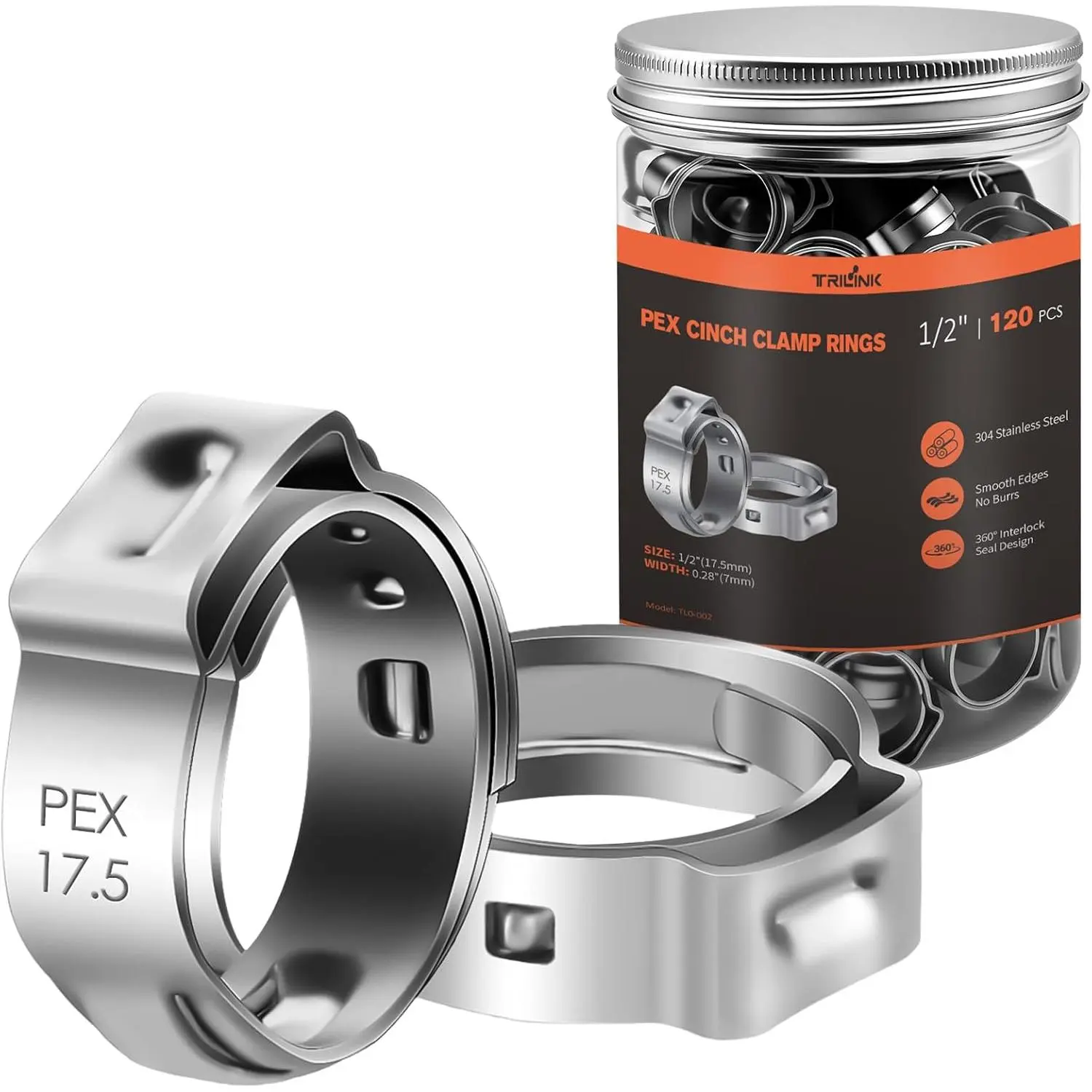 1/2" PEX Crimp Rings 120-Pack, 304 Stainless Single Ear Cinch Clamp Rings, 1/2 Inch Leak-Clamps Compatible with PEX Tubing & Standard Cinch