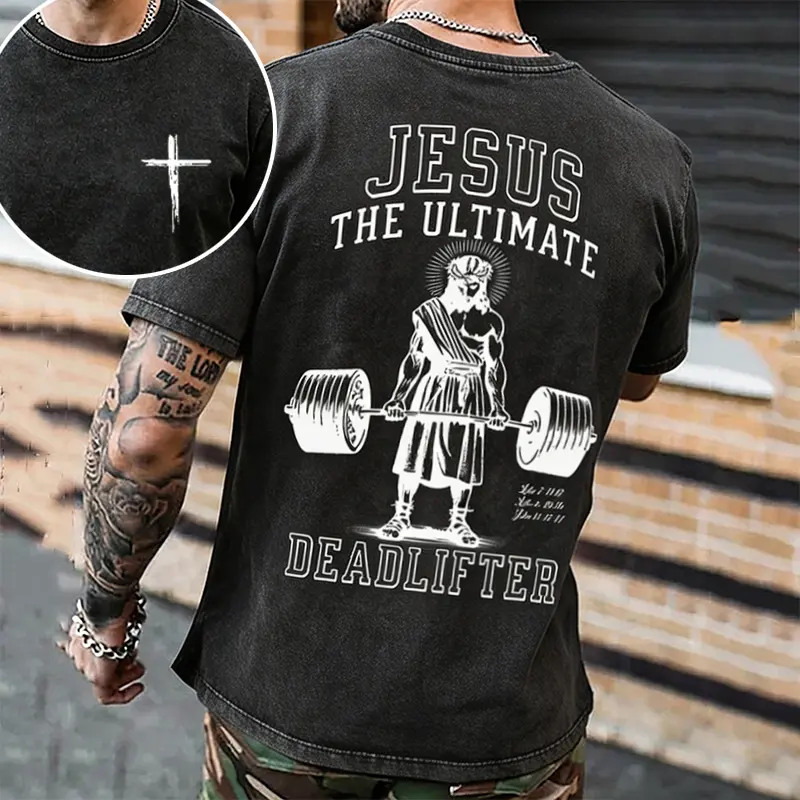 Men's Jesus The Ultimate Deadlifter Vintage Acid Wash Soft Knitting Round Neck Breathable Short-Sleeve Cotton T-Shirt - Christian Gym Oversized Casual Fit Layer Top, Streetwear Unisex Menswear