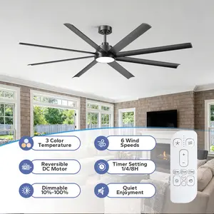 72"/84‘’ 8-Blade Ceiling Fan with Dimmable LED Light & Remote, Quiet Reversible DC Motor, Modern Large Ceiling Fan for Living Room, Bedroom, Patio, Indoor & Covered Outdoor Use