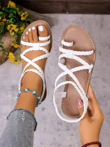 Boho Style Braided Open Toe Sandals, Cross Strap + Elastic Back Loop, Soft Sole Comfortable, Versatile, Perfect for Vacation & Daily Wear
