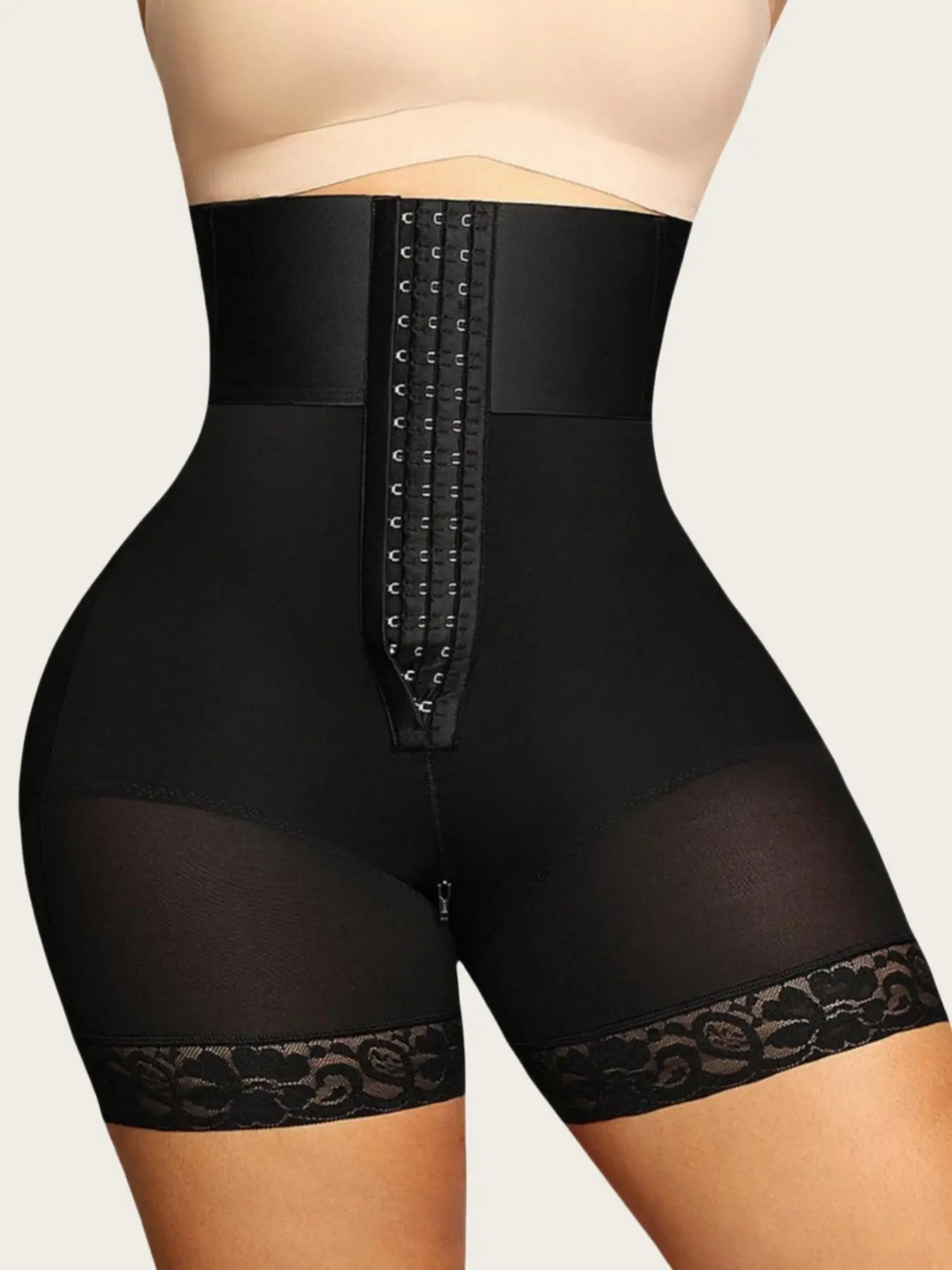 1 Count Women's Adjustable Buckle Front Contrast Lace Shapewear Shorts, Fajas, Faja Perfect Shaper, Breathable Mesh High Waist Shaper, Tummy Control Hip Lifting, Colombian Shapewear, Womenswear