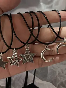 5 Piece Punk Hip-Hop Pendant Necklace Set, Star Turbine Moon Necklaces, Handmade Bracelets, Unisex, All Seasons, Gift for Friends