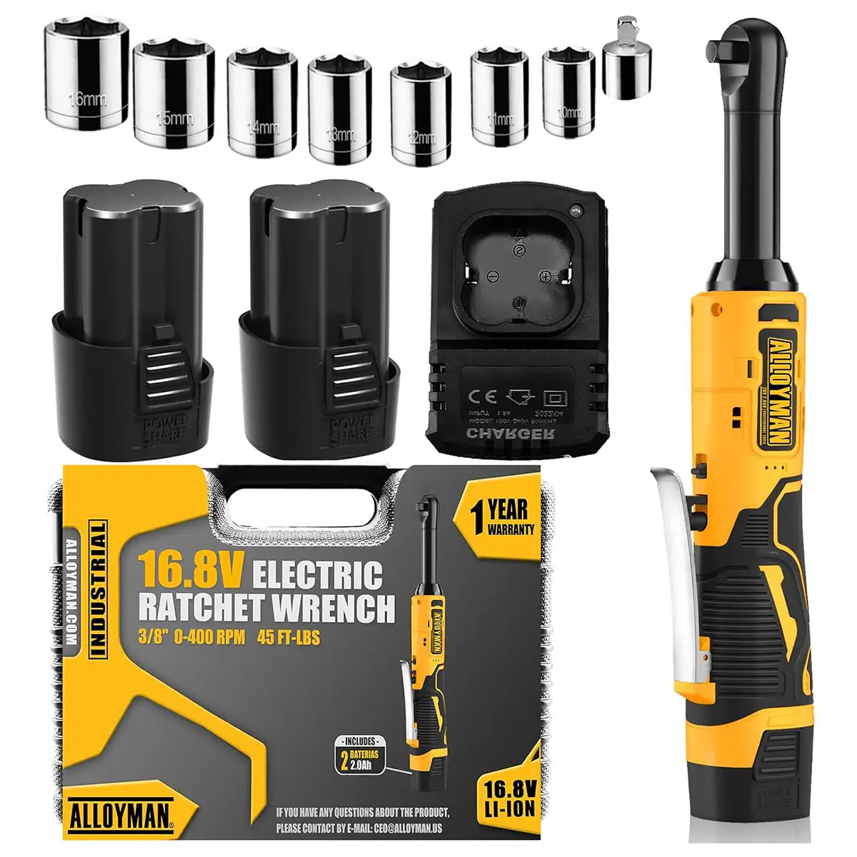 Alloyman 16.8V Extended Cordless Ratchet Wrench,400 RPM 3/8 '' Electric Ratchet Wrench Kit Variable Speed Trigger 2-Pack 2.0Ah Li-Ion Batteries,7 Sock