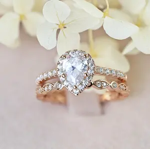 Janefashions 1.2ct Pear Cut Halo Rose Gold Plated 925 Sterling Silver CZ Full Eternity Wedding Band Engagement Ring Bridal Ring Set S4R Size 2.5-15