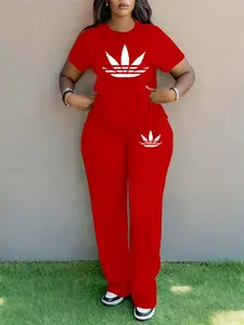 Women's Plus Size Spring Summer Fashion Print Round Neck Short Sleeve T-Shirt & Wide Leg Pants Two-Piece Set, Casual Pocket Design
