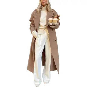 Womens Long Wool Coats Fall Winter Big Notch Lapel Oversized Peacoat Overcoat