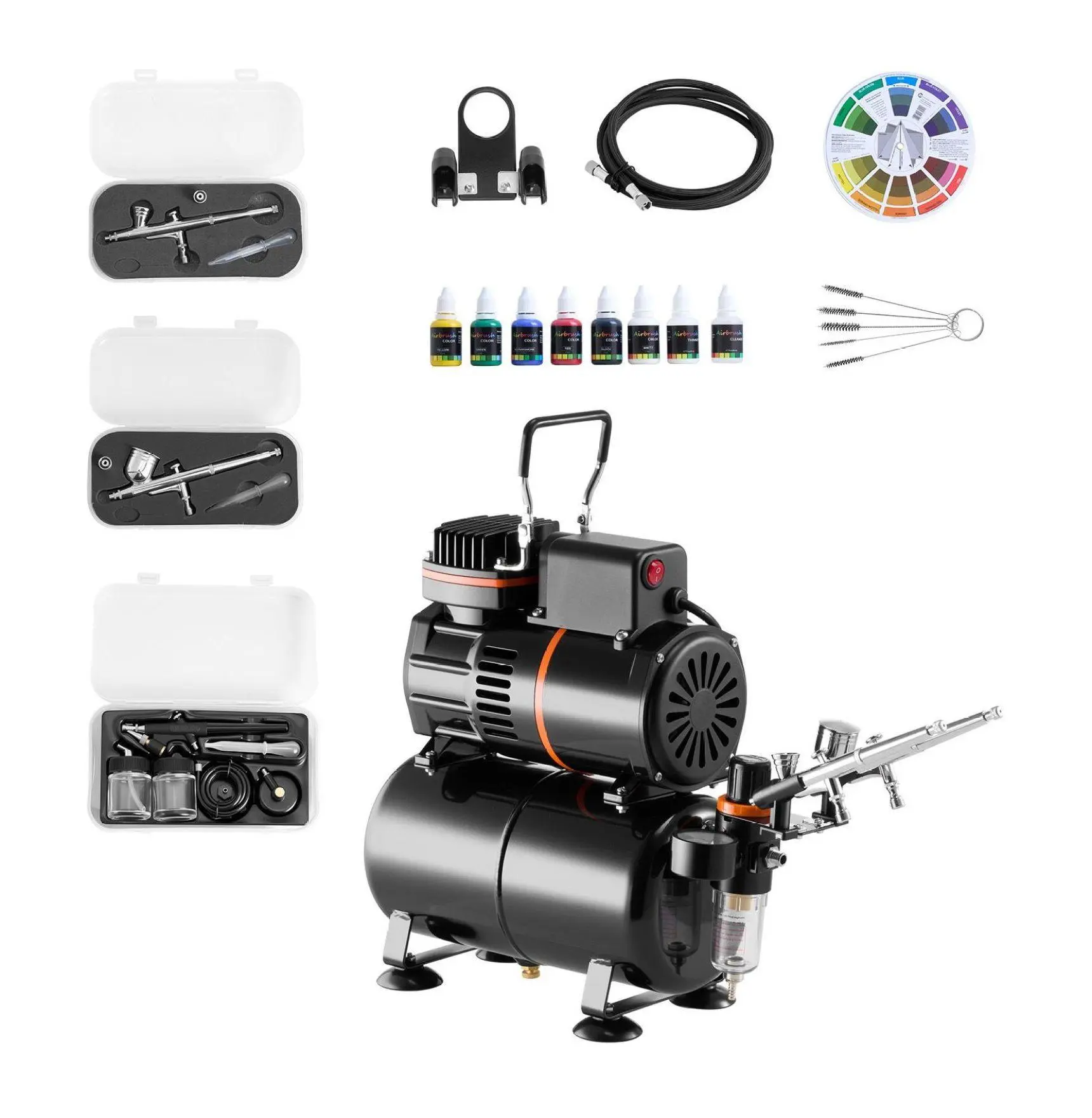 Airbrush Kit 1/6 HP, 3 Dual-Action Airbrushes w/ Compressor, Acrylic Paint - Cake Decorating, Model Painting, Nail Art Default