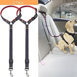 Bark Lover Dog Seat Belts for Cars - Unique Denim & Nylon Fabric, Adjustable Dog Safety Belt Car Headrest Restraint, 2-Pack
