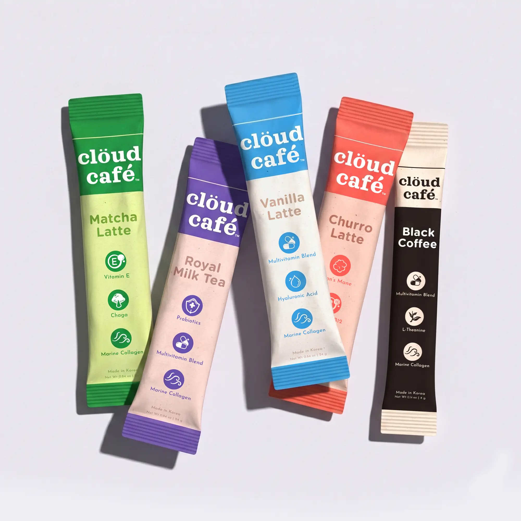 Cloud Café Korea Collagen-Infused Coffee & Tea Sampler Set - Vanilla Latte Flavor - 5 Sachets - Cold Brew Matcha Royal Milk Tea Churro Latte Variety Pack - Beverage, Vanilla And Coffee