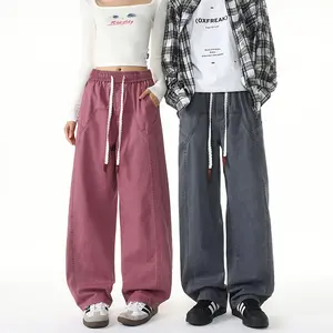 New floor-length denim pants, solid color vintage loose straight-leg trousers, cargo casual denim pants