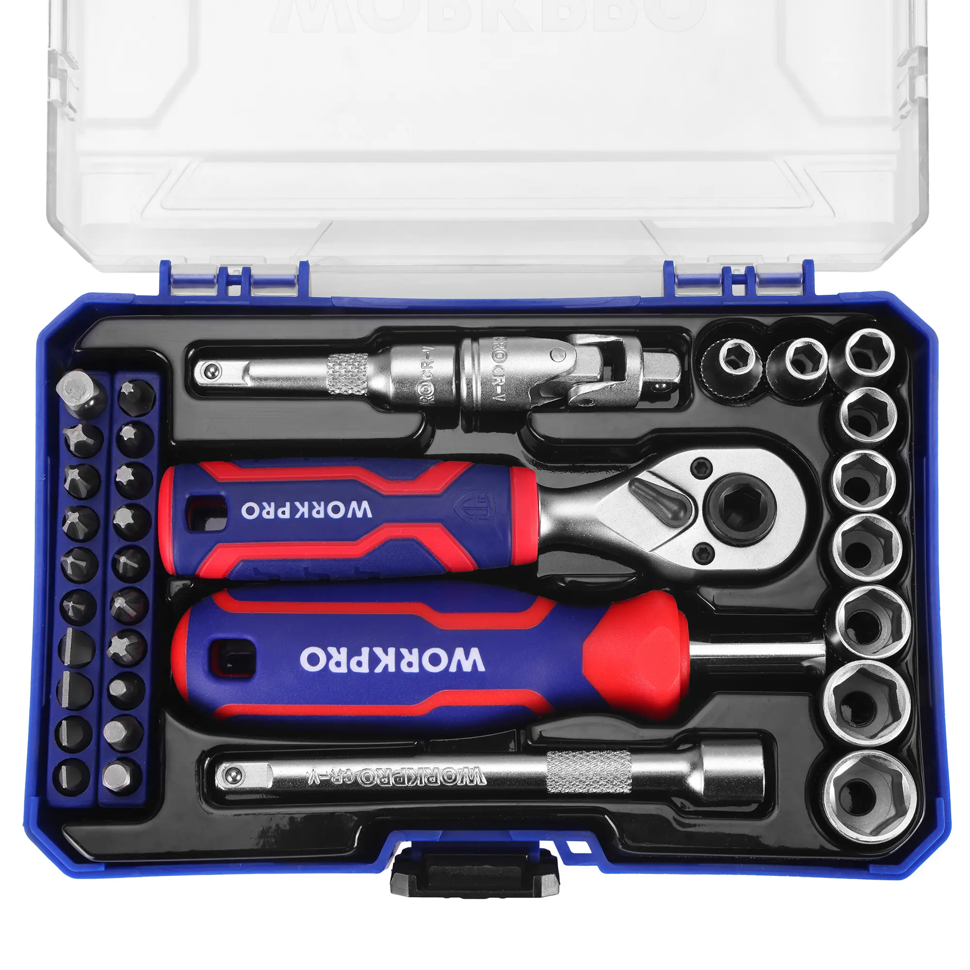 #summersale WORKPRO 1/4" Drive Mini Socket Ratchet Wrench Set, Screwdriver Bit Set, Dual Socket & Bit Head Ratchet, Magnetic Driver, Metric Sockets, Extension Bars & Universal Joint, Storage Case