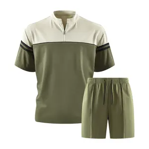 Effortlessly Cool Color-Blocked Quarter-Zip Set for Men, Stand Collar Top and Drawstring Shorts, The Ultimate Go-To For Anyone Who Wants To Look Sharp With Minimal Effort