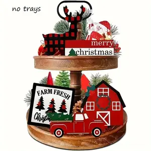 Wooden Christmas Themed Tiered Tray Decor, 5 Counts/set Cute Gnome & Truck & House & Tree & Mailbox Ornament, Desktop Decoration for Home Living Room Farmhouse