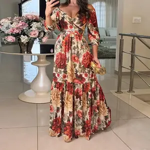 summer spring clothes new woman 2025 beach fashion dress long dresses for woman Casual Light Check Beige Bohemian Print Womenswear Gamis Boho Shortsleeve Fit Vneck