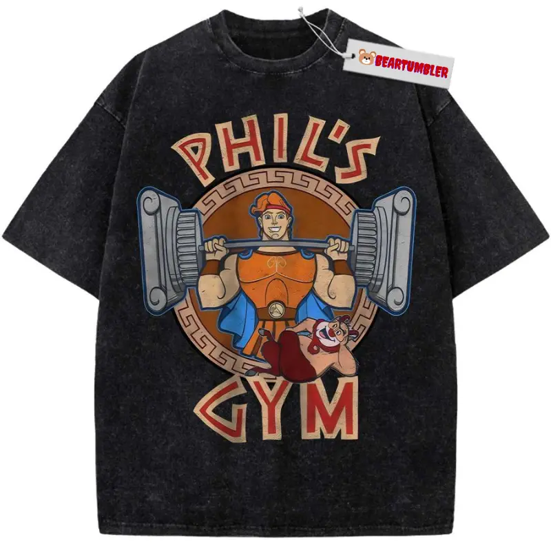Phil's Gym Hercules Weightlifting T-Shirt, Philoctetes Training Cartoon Graphic, Retro 90s Vintage Movie Parody Tee, Cool Bodybuilding Top, Unisex Cotton Crewneck T-Shirt Menswear Womenswear Streetwear Top