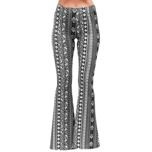 Daisy Del Sol Women’s Flare Stretch Yoga Comfortable High Waisted 70s Hippie Bohemian Legging Loungewear Festival Forbidden Pants Bell Bottoms  - Black/White Paisley
