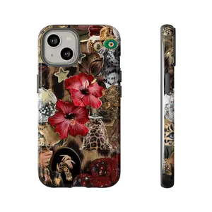 Animal prints, gold accents, exotic flowers, and luxurious textures Collage Leopard Phone Case, vibrant collage tough phone case, gift for her for him