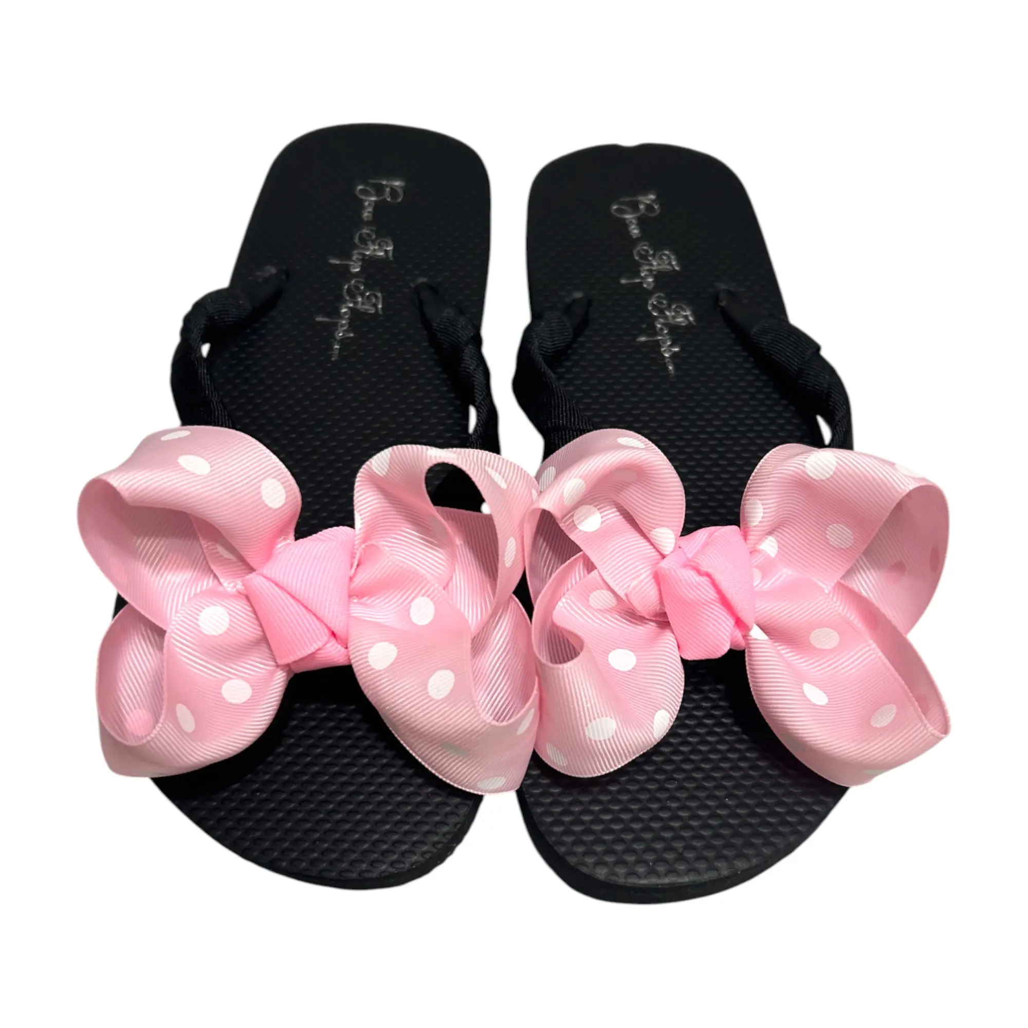 Pink with White Cute Polka Dot Bow Flip Flops for Ladies Sandals, Black Flat Women Summer Shoes