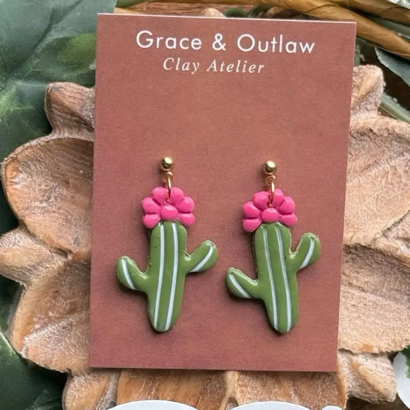 Grace & Outlaw Clay Atelier Cactus Flower Earrings - Polymer Clay Pink Floral Design for Nature Lovers